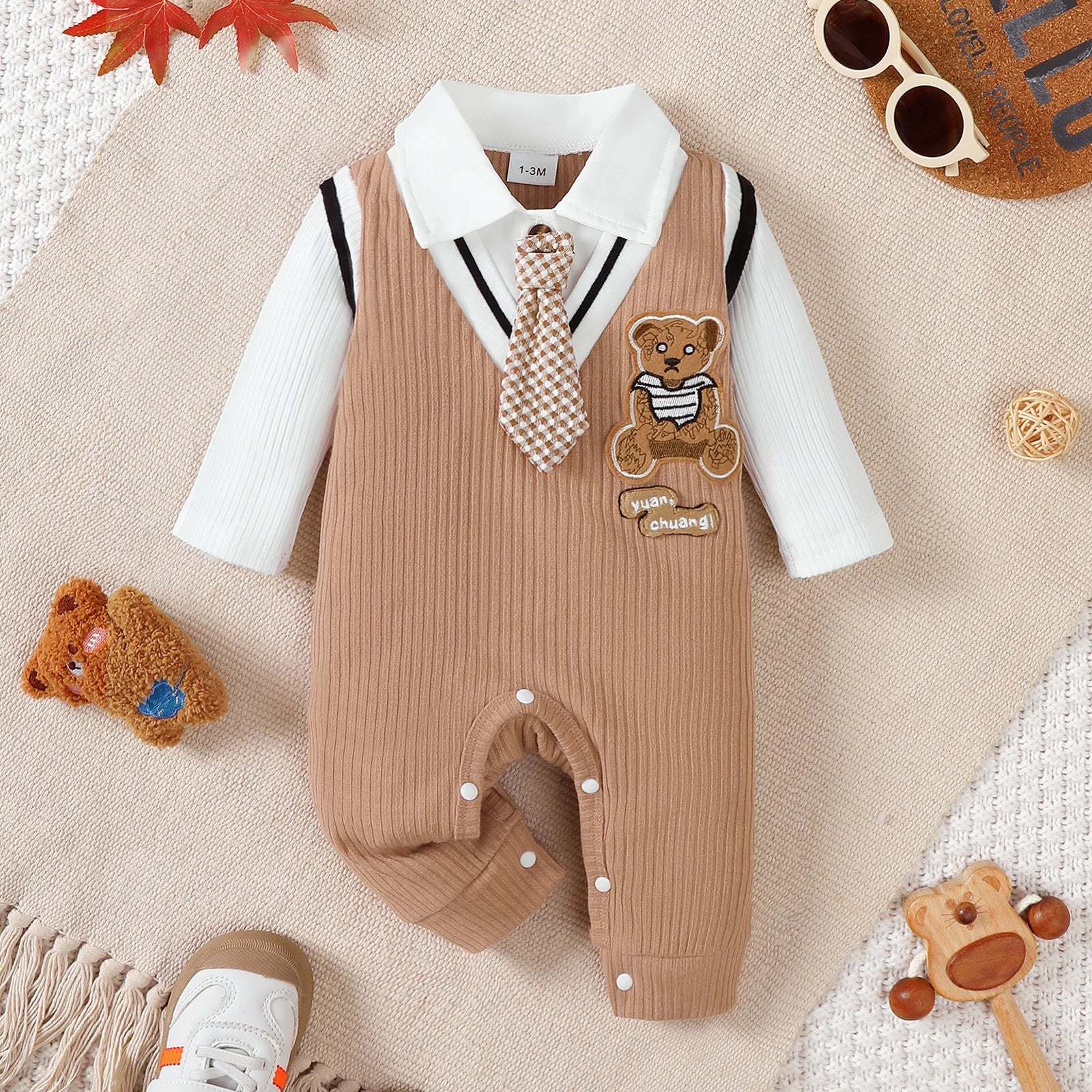 Baby boy Small Gentleman Jumpsuit Cartoon Teddy Bear Long sleeves Jumpsuit  for 0-18 Month Baby boys' Birthday Party Costumes