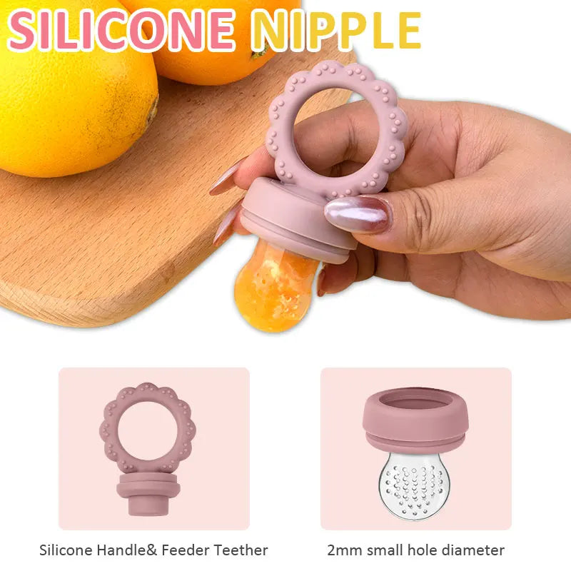 Silicone Baby Fruit Feeder & Mini Freezer Snack Tray & Pacifier Clip BPA-Free Silicone Teether Self-Feeding Extra Food Pouch