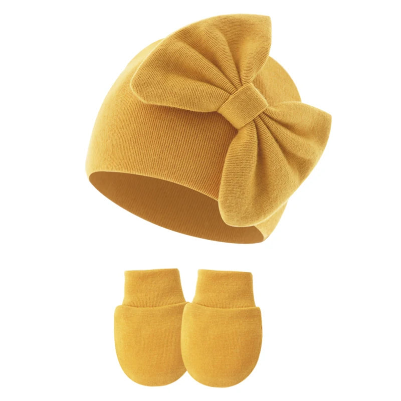 2Pcs Newborn Hat Gloves Set Princess Big Bow Baby Girl Beanie Cotton Toddler Bonnet Infant Cap for Girls Accessories 0-6M