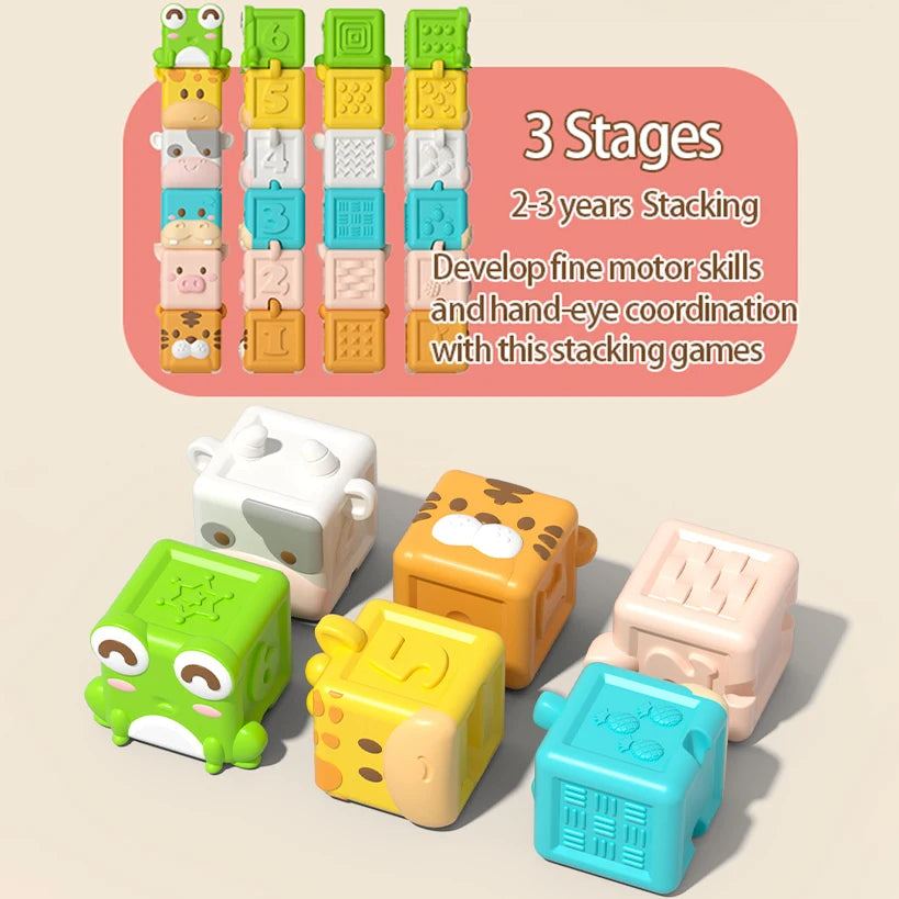 Baby Soft Building Blocks Toys Soft Teething Toy for Babies 3D Cube Animal Bath Toys Baby Early Educational Matching Sensory Toy