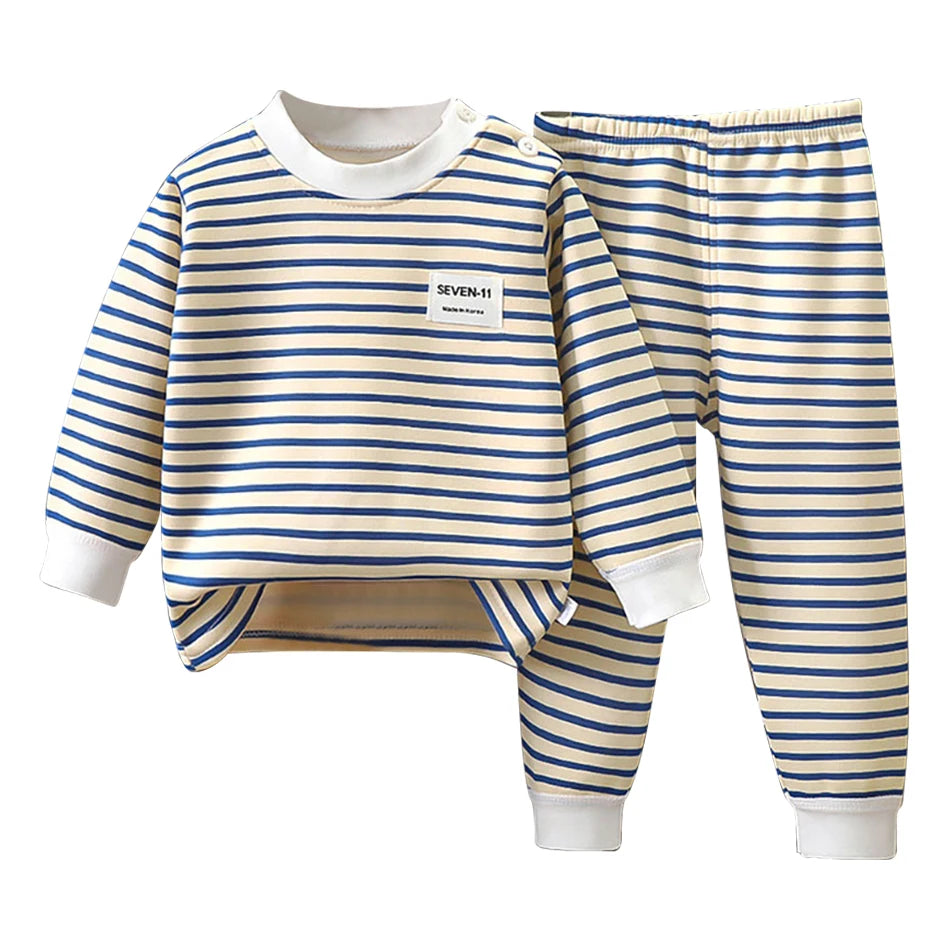 Baby Warm Clothing Set Fleece Lined Children Boys Girls Striped Underwear Sleepwear Set Ideal for Home Pajamas Autumn Winter