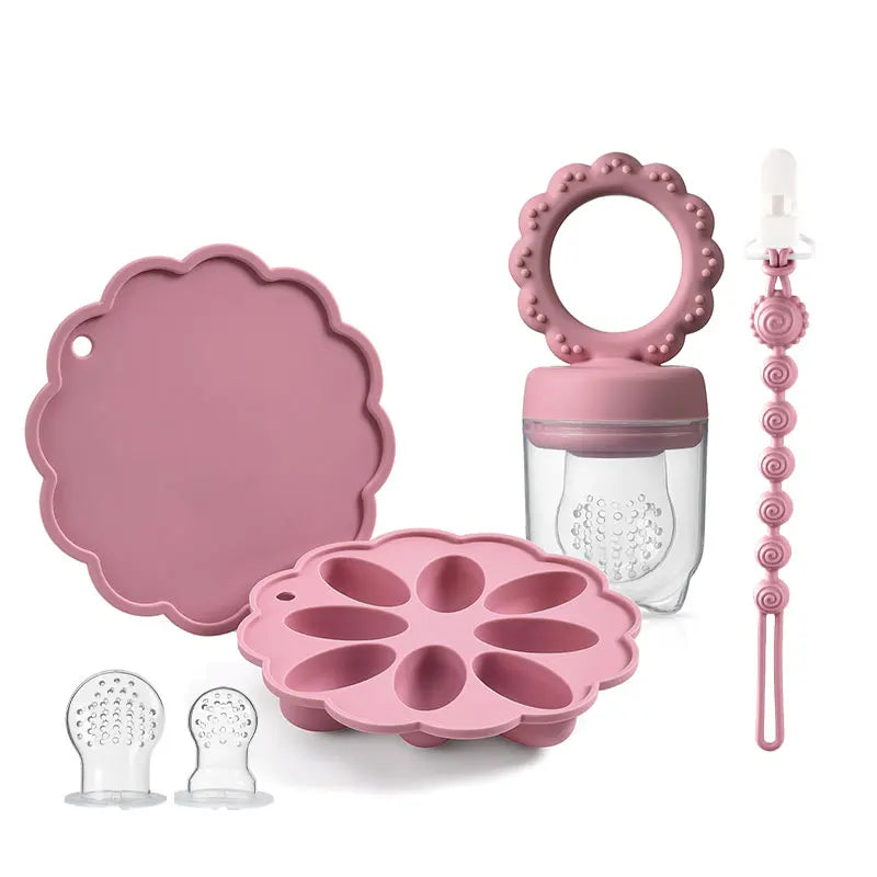 Silicone Baby Fruit Feeder & Mini Freezer Snack Tray & Pacifier Clip BPA-Free Silicone Teether Self-Feeding Extra Food Pouch