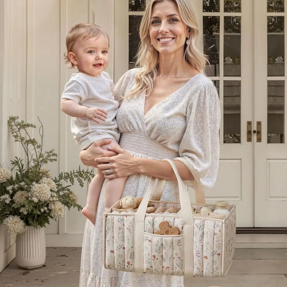 Large Capacity Baby Diaper Organizer Portable Floral Nursery Storage Basket Newborn Essentials Baby Diaper Storage Bag