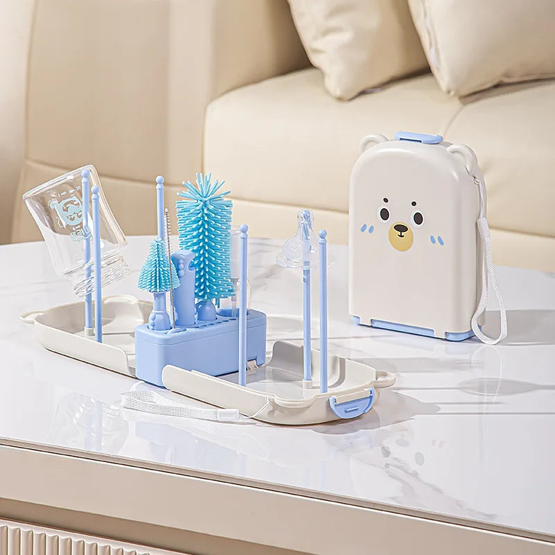 Travel Baby Bottle Brush Set - Newborn Safe Silicone Cleaning Brushes with Storage Box for Bottles, Nipples & Accessories