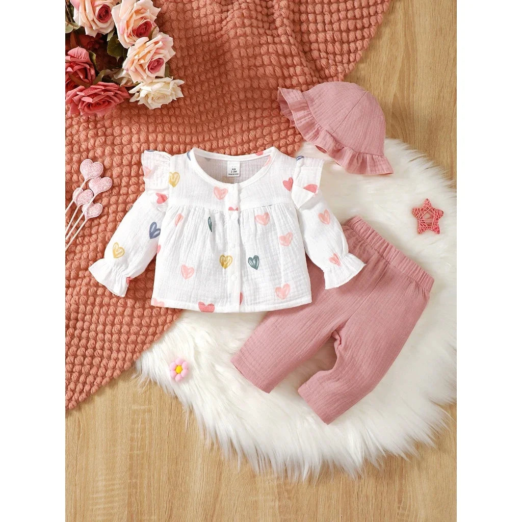 0-9 Months Baby Girl Clothing Set Love Printed Long Sleeve Top+Pink Pants+Hat 3PCS Spring&Autumn Fashion Sweet Style Clothes Set