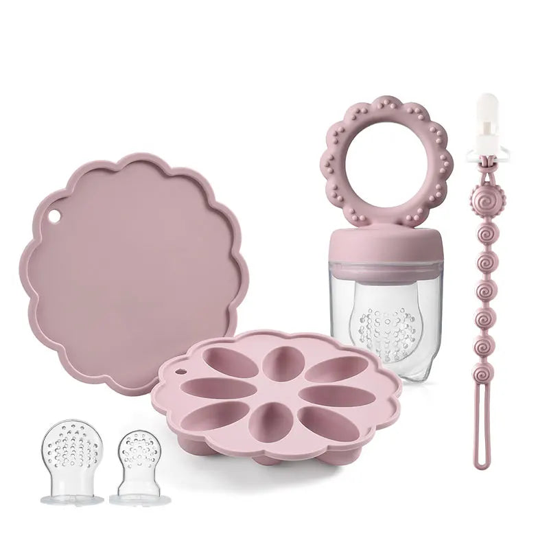 Silicone Baby Fruit Feeder & Mini Freezer Snack Tray & Pacifier Clip BPA-Free Silicone Teether Self-Feeding Extra Food Pouch