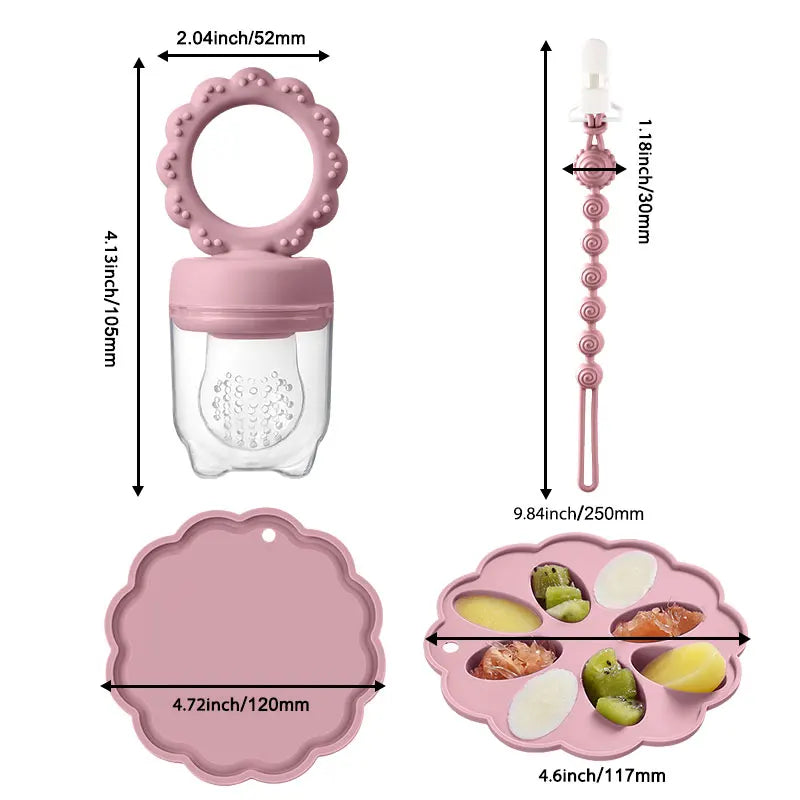Silicone Baby Fruit Feeder & Mini Freezer Snack Tray & Pacifier Clip BPA-Free Silicone Teether Self-Feeding Extra Food Pouch