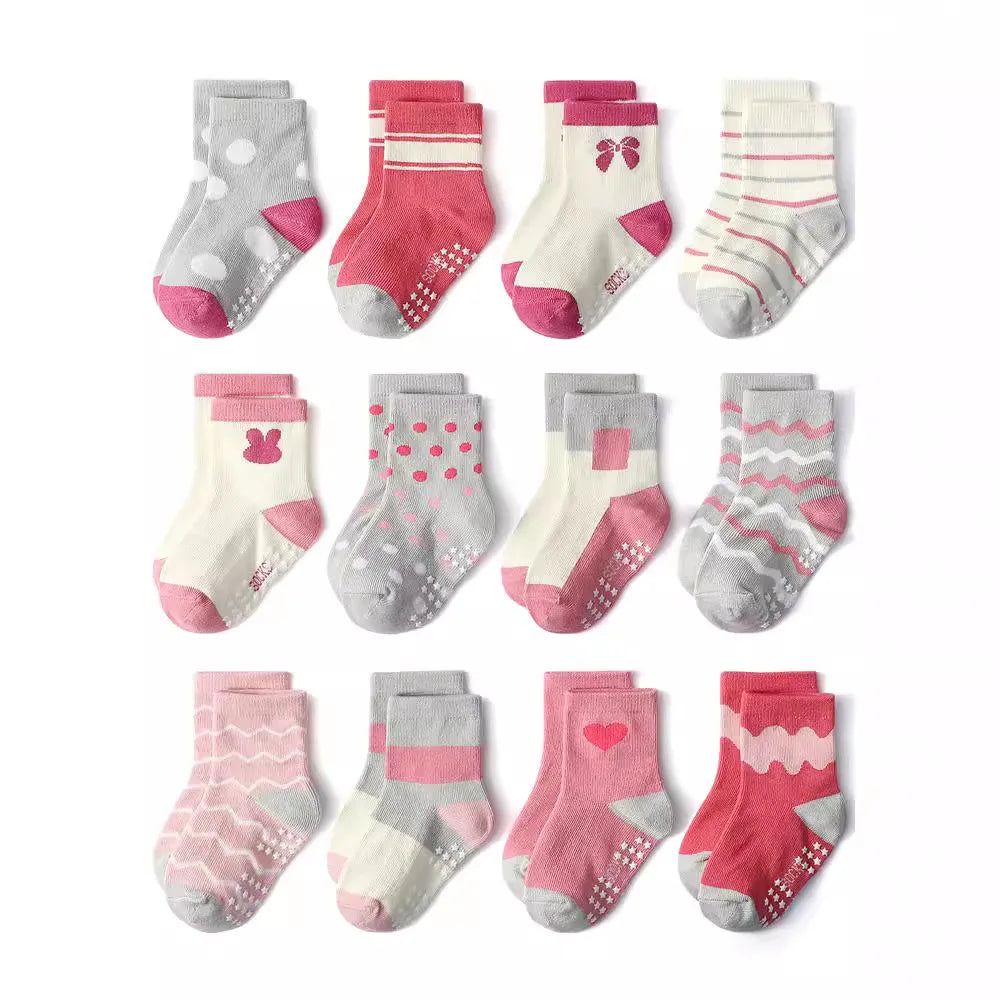 1/3/6/9/12 Pairs Kids Socks Sets for Baby Girls Cotton Non-slip Cute Cartoon Patterned Breathable Baby Trampoline Floor Socks