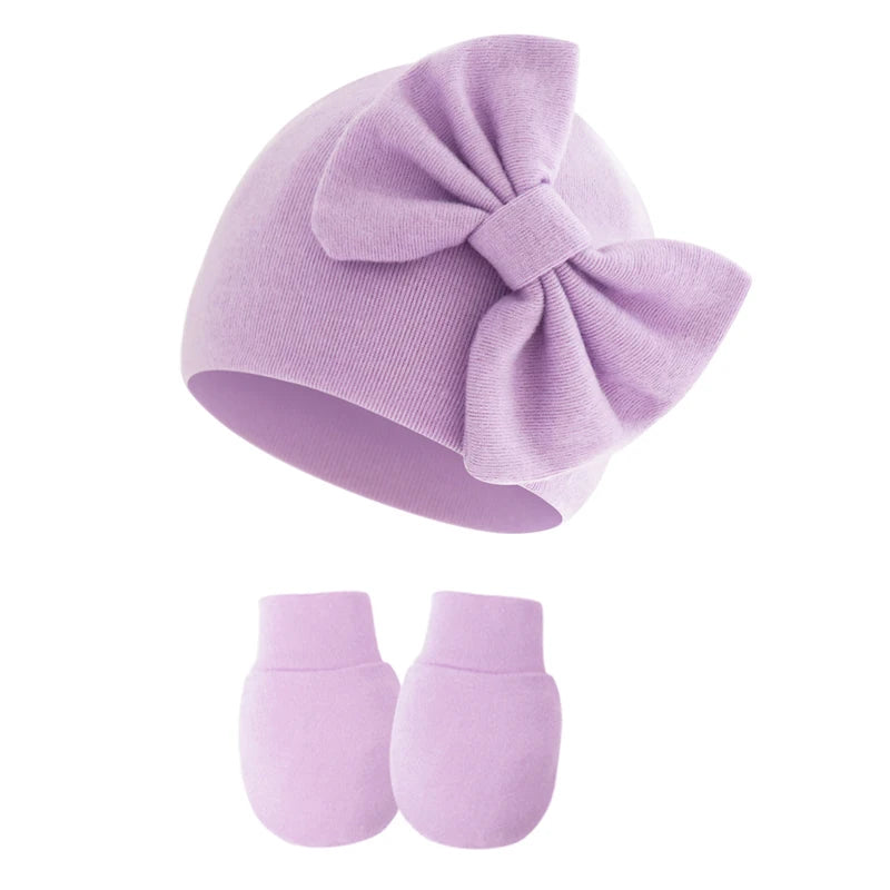 2Pcs Newborn Hat Gloves Set Princess Big Bow Baby Girl Beanie Cotton Toddler Bonnet Infant Cap for Girls Accessories 0-6M